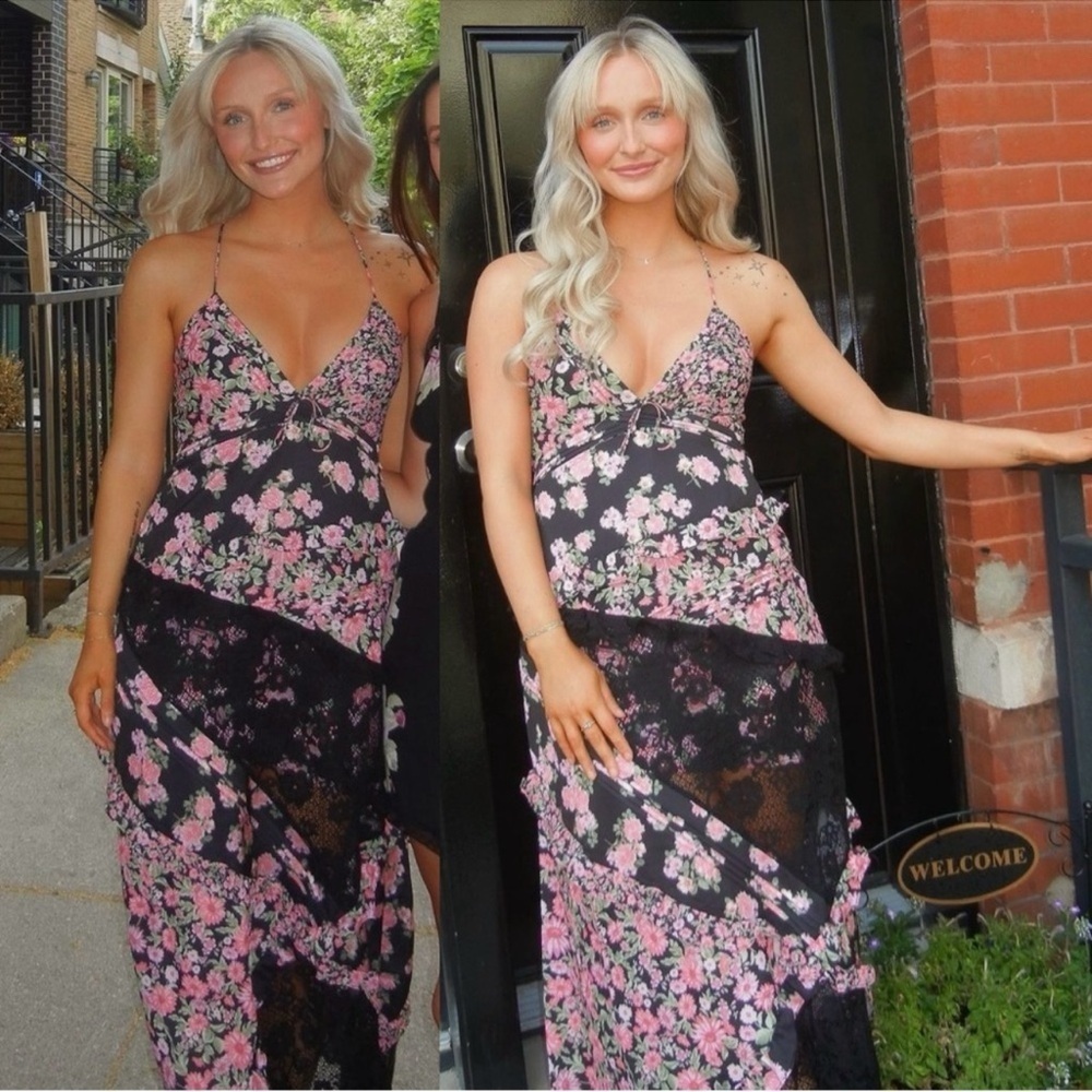 For Love & Lemons Rosalyn Pink Floral Ruffled Formal Strappy V Neck Maxi Dress M - Picture 4 of 14